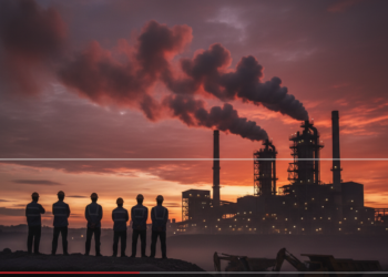 Siluet pekerja tambang dan fasilitas smelter nikel di bawah langit senja yang menggambarkan tantangan industri nasional.