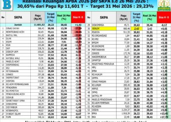 Realisasi APBA Mei 2026 Lampaui Target, 28 SKPA Masih Merah
