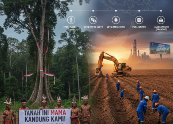Ilustrasi pemandangan udara lahan proyek lumbung pangan (Food Estate) di Merauke, Papua Selatan, yang berbatasan langsung dengan kawasan hutan adat masyarakat setempat.