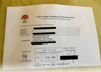 Dokumen tanda terima pengaduan LHKPN dari KPK RI atas nama Ketua DPRA Zulfadli.