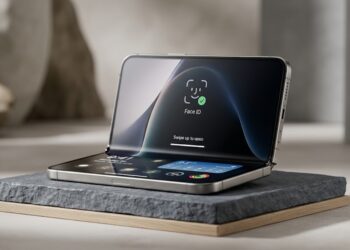 Konsep render ponsel lipat Apple iPhone Duo generasi berikutnya dengan integrasi sensor Face ID di bawah layar penutup.